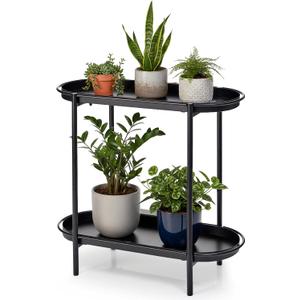 Large Metal 2-Tier Multi-Purpose Stand Sleek Black Indoor/Outdoor Oval Shelving Unit; Modern Storage Rack for Home Decor, Books, Bathroom Essentials, or Plants