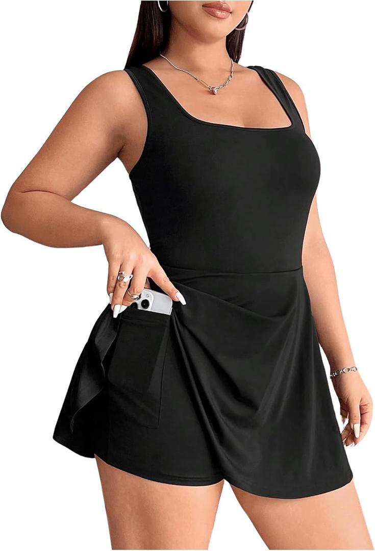 SOLY HUX Women's Plus Size Sleeveless Rompers Square Neck Athletic Tennis Dress Built in Shorts (XX-Large Plus, Plain Black)