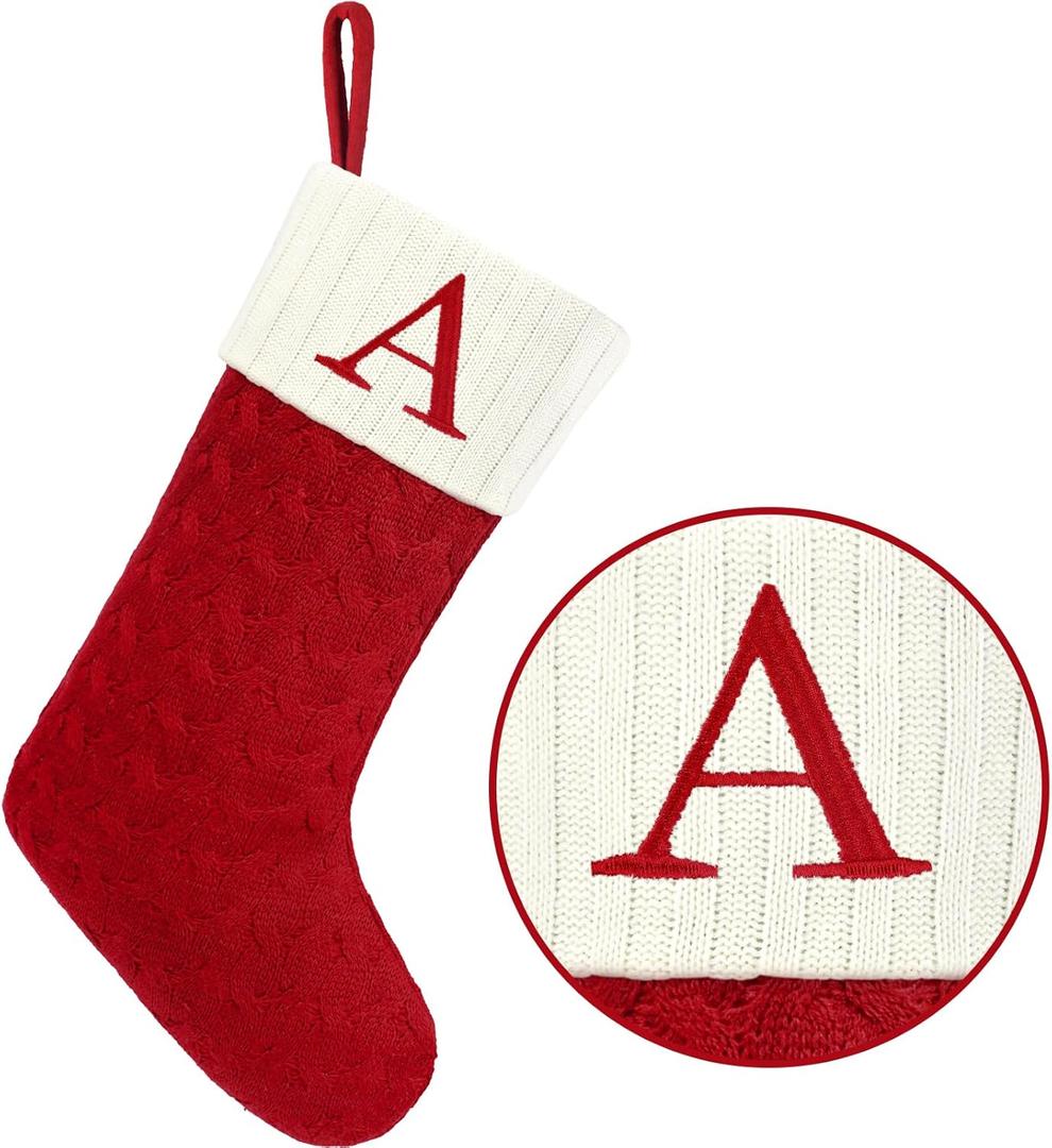Christmas Stockings with Initials,20 Inches Large Knit Embroidered Letter Red White Christmas Stocking,Monogram Christmas Stocking for Famliy Holiday and Xmas Tree Fireplace (Letter A)