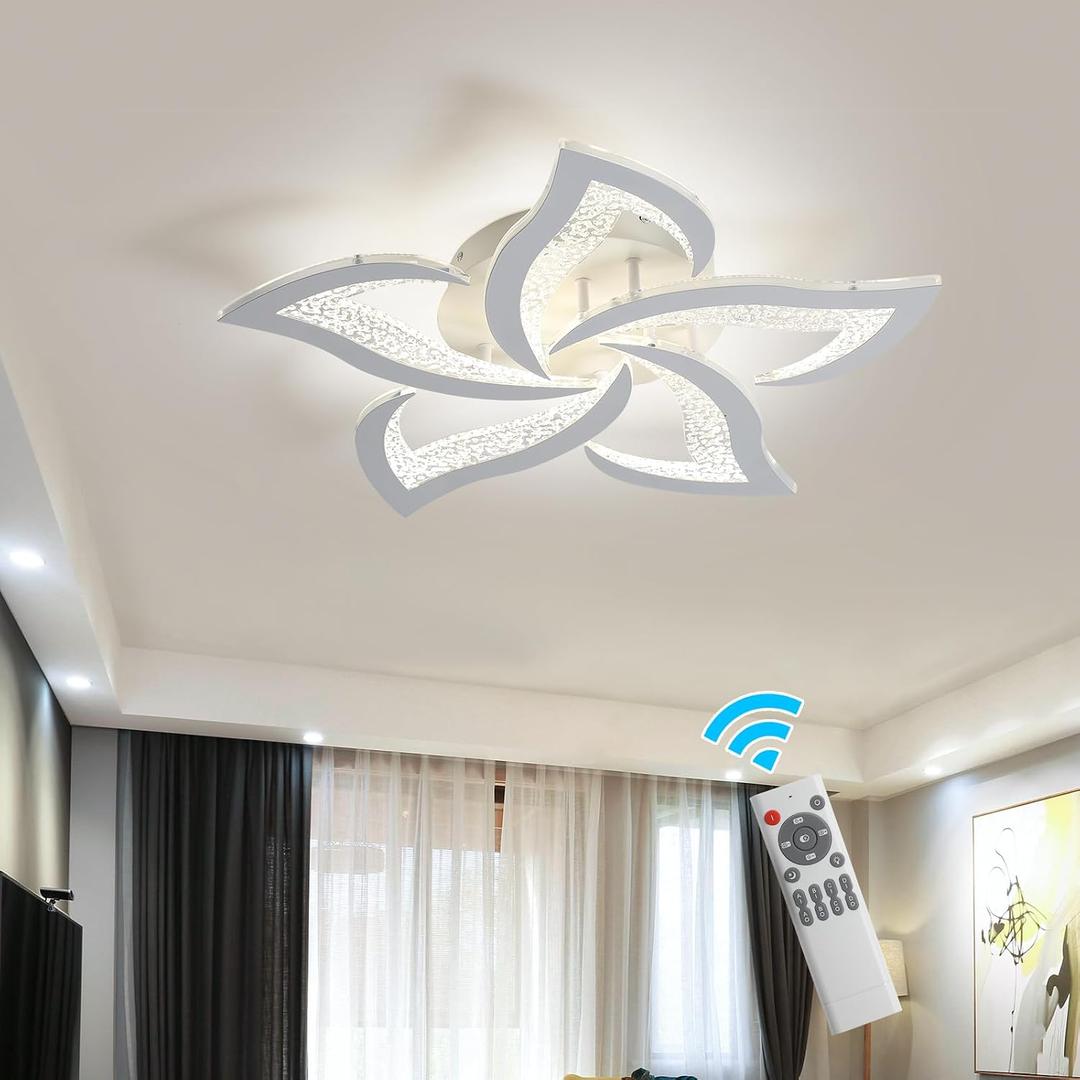 Garwarm Modern Ceiling Light,23.6 Dimmable LED Chandelier Flush Mount,Remote Control Acrylic Flower Celing Lamp Fixture for Living Room Dining Room Bedroom Hallway 45W White