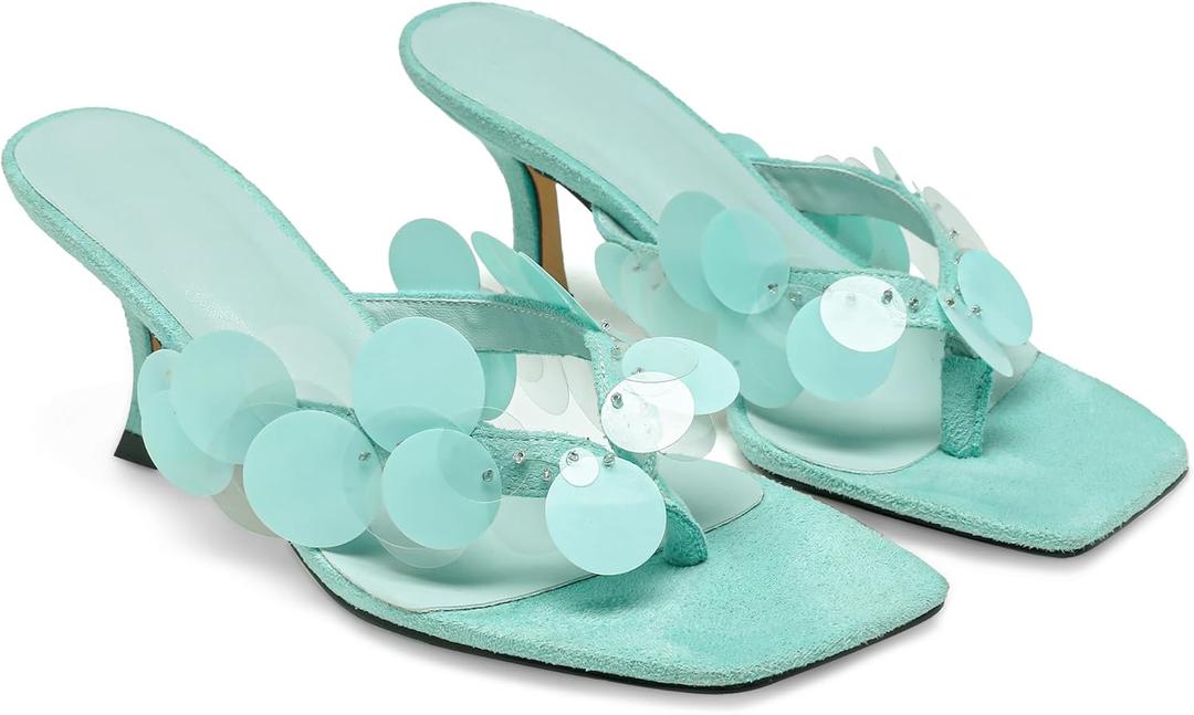 Black Flip Flop Heels Sandals for Women with Plastic Disc Straps Comfortable Slip on Open Toe Kitten Heel Thong Sandal Casual Summer Dressy Shoes (9, Light Green)