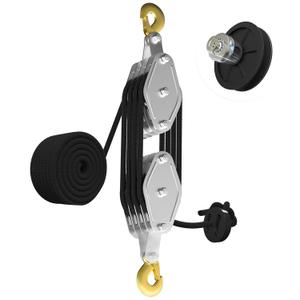 Rope Hoist Pulley System, 4400LB Pulley Block and Tackle, 8:1 Ratio Lifting Power 65ft, Heavy Duty Pulley Block for Hunting Lifting Heavy Objects Garage Warehouses Building (UPGRADED-4wheels, black)