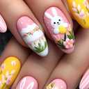 LPOODDNU Almond Easter Press on Nails Medium Pink Fake Nails, Cute Rabbit Press on Nails Spring Flower Designs Easter Nail Art Decorations Full Cover Glue on Nails for Women Manicure DIY, 24Pcs