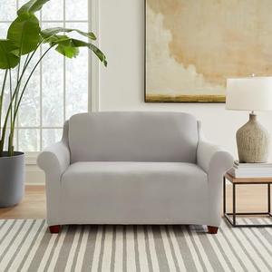 SureFit Hampstead Stretch Velvet Loveseat Slipcover, One Piece Love Seat Couch Covers with Elastic Bottom for A Snug Fit, Machine Washable Loveseat Covers, Single Light Gray Loveseat Cover