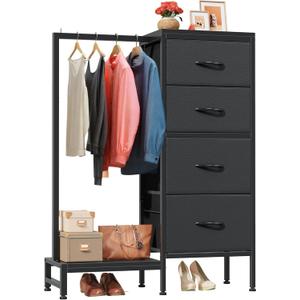 Dresser with Hanging Rack, 4 Drawers Small Closet for Bedroom, Reversible Fabric Kids Chest of Drawers with Clothes Rack, Tall Storage Tower, Sturdy Frame, Black, 44''H