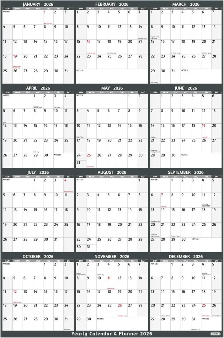 Yearly Wall Calendar 2026 - Large Yearly Calendar 2026 Vetical, Jan 2026 - Dec 2026, 25.2" x 38.2" (Open), 2026 Calendar, Large Wall Calendar 2026, Full Year Paper with Notes, Thicker Paper