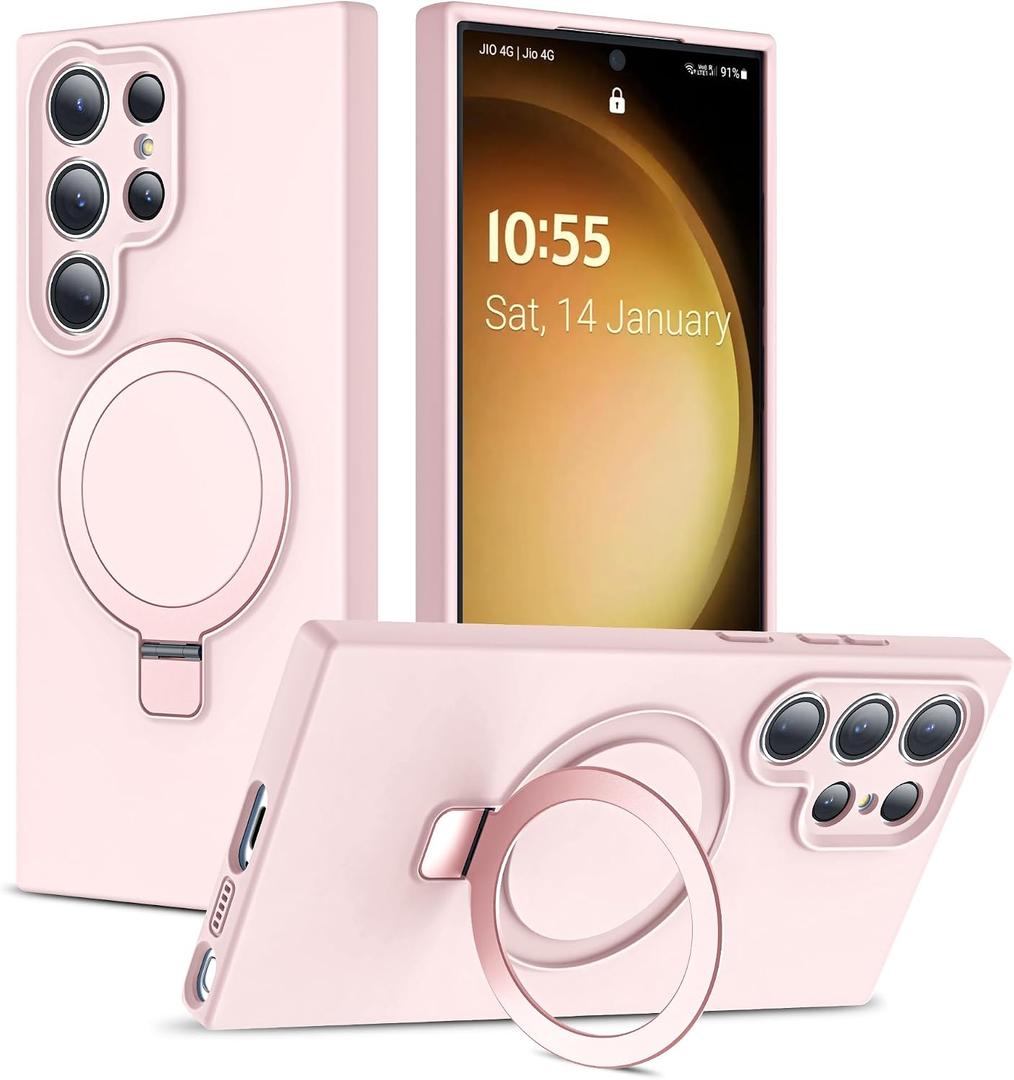 SKYLMW Compatible with Samsung Galaxy S24 Ultra Case with Magnetic Invisible Ring Stand, Compatible with Mag-Safe, Military Drop Protection Silicone S24 Ultra Phone Case for Women Men, Pink