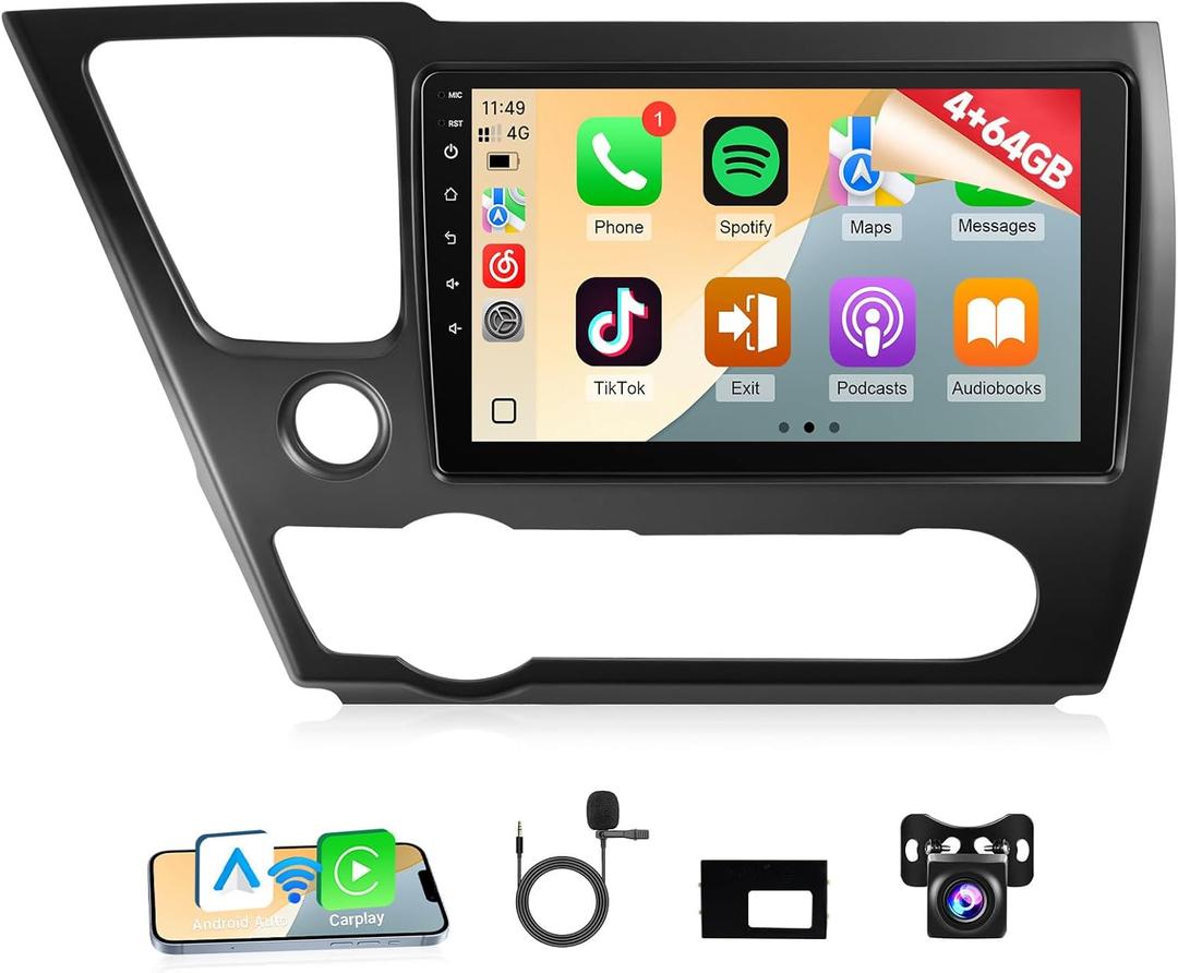 Naifay 4+64G Android 13 Car Radio for Honda Civic 2013-2017, 9inch IPS Touch Screen Stereo with Carplay Android Auto Bluetooth FM GPS WiFi SWC Camera+Can Bus MIC