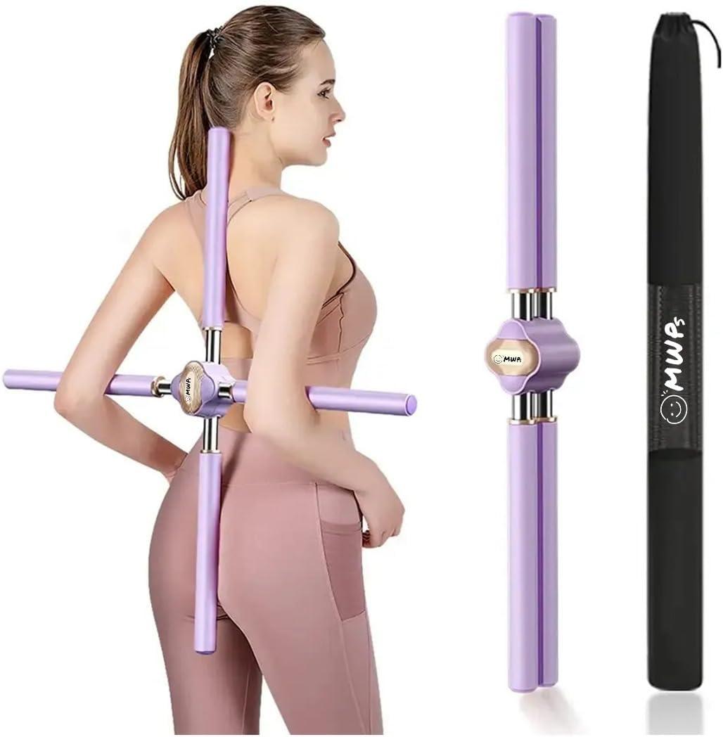 Yoga Stick Posture Corrector  Adjustable Back Straightener for Women, Men & Kids  Relieve Back & Neck Pain  Includes Carry Bag & Exercise Guide  Posture Stick for Daily Training (PURPLE)