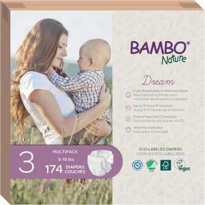 Bambo Nature Hypoallergenic Baby Diapers, Eco-Labelled Sustainable Diapers, Enhanced Leakage Protection, Totally Chlorine-free, Skin Friendly, and Super Absorbent - Size 3 (174 Count)
