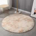 Soft Fluffy Round Area Rugs 4.6' x 4.6' Non-Slip High Pile Shaggy Floor Carpet Washable Indoor Plush Fuzzy Rug Perfect for Bedroom Dining Room Living Room, Beige