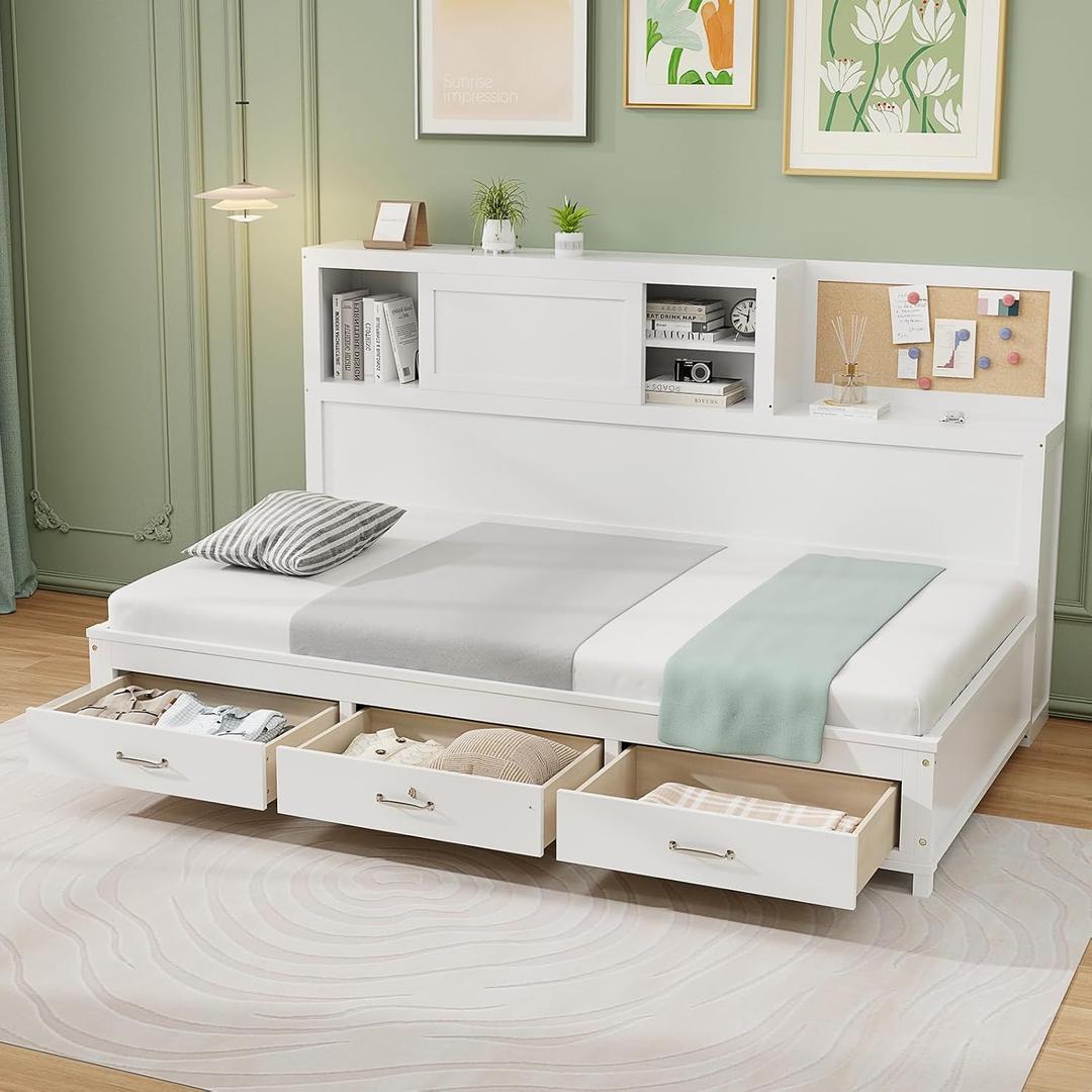 Giantex Twin Daybed with 3 Storage Drawers, Wood Day Bed with Storage Shelves, Cork Board & Sliding Door, Daybed Frame for Kids Adults Guests, No Box Spring Needed, Daybed with Storage, White
, Box 1 Of 2, Part Of The Frame Only