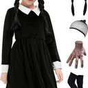 BesserBay Halloween Velvet A-Line Long Sleeve Costumes Pleated Wensday Mini Dress Black 8 Years