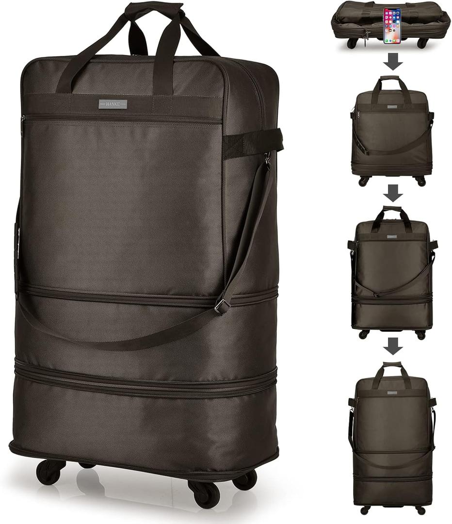 Hanke Suitcases with Wheels Expandable Foldable Luggage Bag Suitcase Collapsible Rolling Travel Bag Duffel Bag for Men Women Lightweight Suitcases without Telescoping Handle, Coffee (Coffee Upgrade Version)