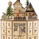 Clever Creations Wooden Christmas Advent Calendar, Countdown to Christmas, LED Holiday Decoration, Battery, Round Village