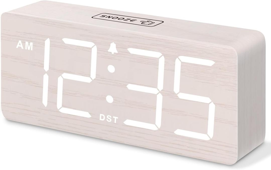 DreamSky Wooden Digital Alarm Clock for Bedroom - Desk Clock for Living Room with Large Numbers, Dimmer, Loud Alarm for Heavy Sleepers with Volume Control, DST, Office Wood Decor (Plug in Clock) White