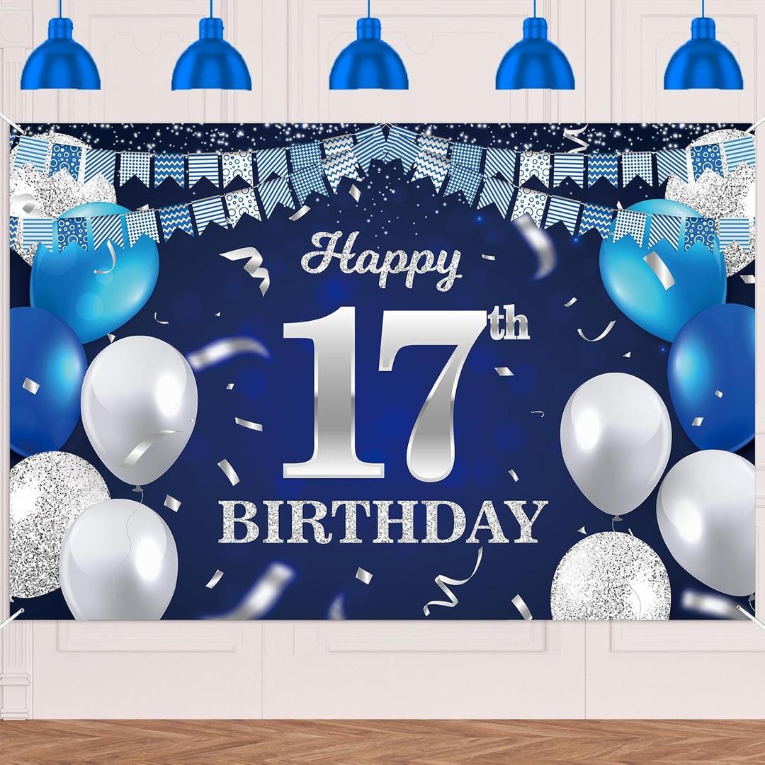 Happy 17th Birthday Banner Backdrop Blue Sliver Balloons Stripe Flag Light Spots Cheers to 17 Years Old Theme Decorations Decor for Girls Boys 17th Birthday Party Bday Supplies Background Glitter