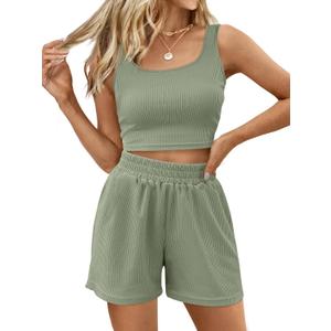Trendy Queen Two Piece Summer Outfits 2 Piece Sets 2025 Sleeveless Matching Lounge Crop Top High Waisted Short (X-Large, Green)