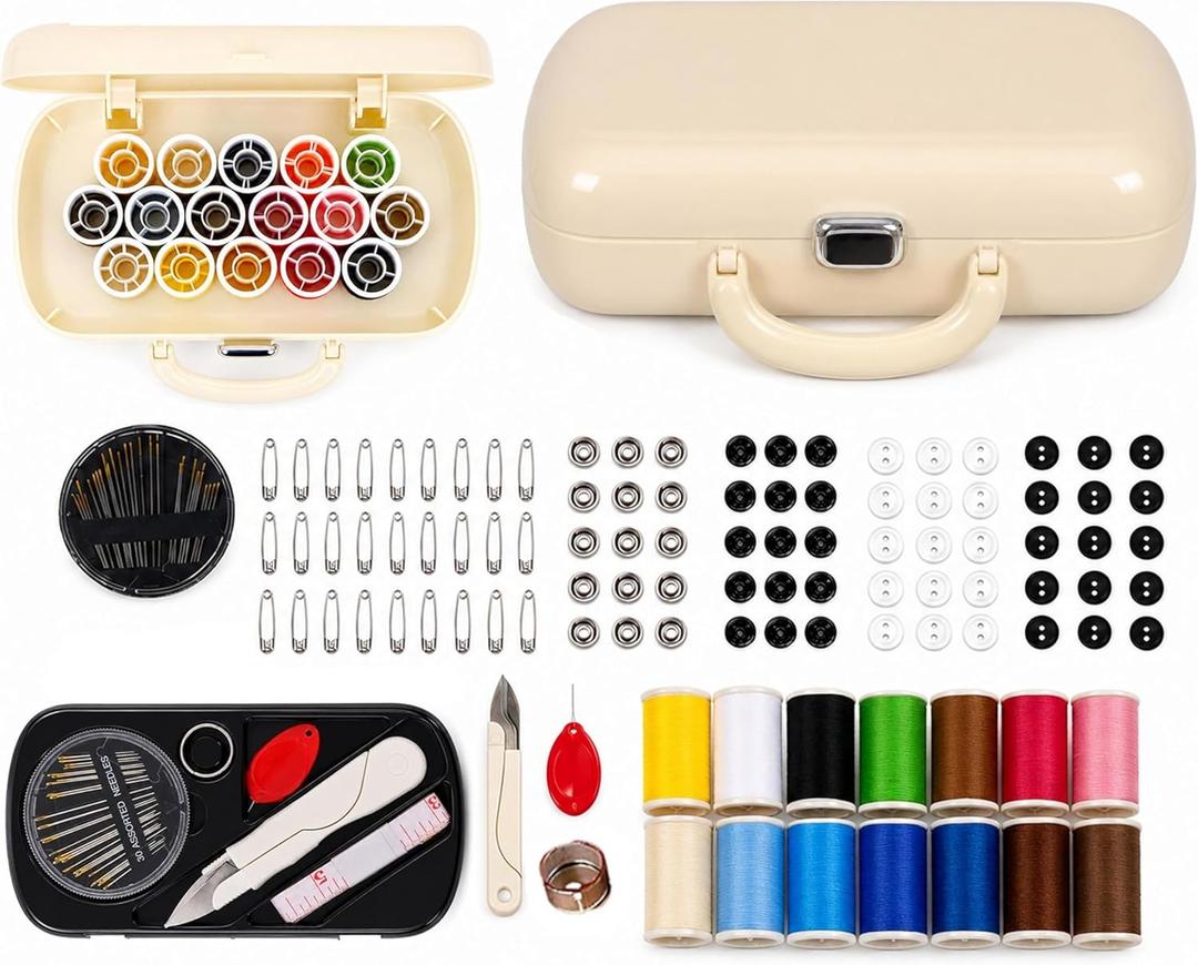 WANSHUNLMI 150 Pcs Creamy White Sewing Project Kit, Travel Family Sewing Supplies Repair Kit Portable Small Traveler Sewing Kit Sewing Thread Accessories DIY Sewing Supplies Organizer (White)