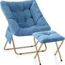 Comfy Saucer Chair for Adults, Foldable Living Room Chairs, Soft Faux Fur Lounge Chair for Bedroom, Reading Chairs, X-Large (Ottoman-Blue)