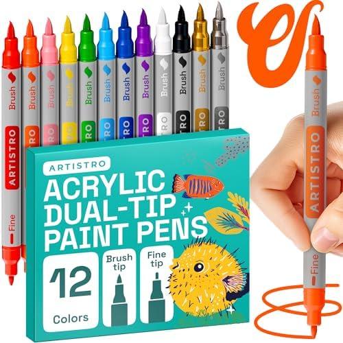 ARTISTRO 12 Acrylic Paint Markers - Paint Pens for Drawing, Brush + Fine Tips - For Fabric, Rock, Glass, Wood, DIY, Eggs - Art & Craft Supplies for Adults, Teens, Kids - Easter Basket Stuffers
