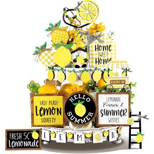 Bucherry 19 Pcs Summer Lemon Tiered Tray Decor Set Farmhouse Wood Summer Table Decorations Rustic Wooden Table Signs Tiered Tray Decor for Home Kitchen Shelf Tabletop