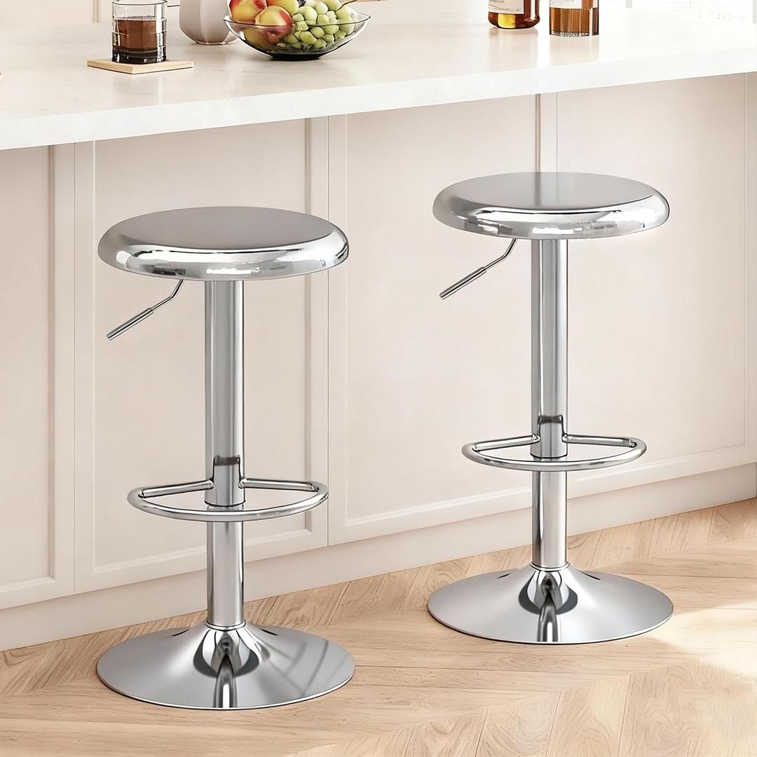 CAROLMADE Bar Stools Set of 2, Adjustable Metal Bar stools Swivel Counter Height Stool Backless Barstools for Kitchen Island Pub, Chrome, 31.1"H x 13.8"W x 13.8"L
