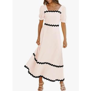 BTFBM RIC Rac Dress Women Maxi Dress Square Sleeve Smocked Tie Back A-Line Flowy Fall Wedding Guest Dresses, Medium