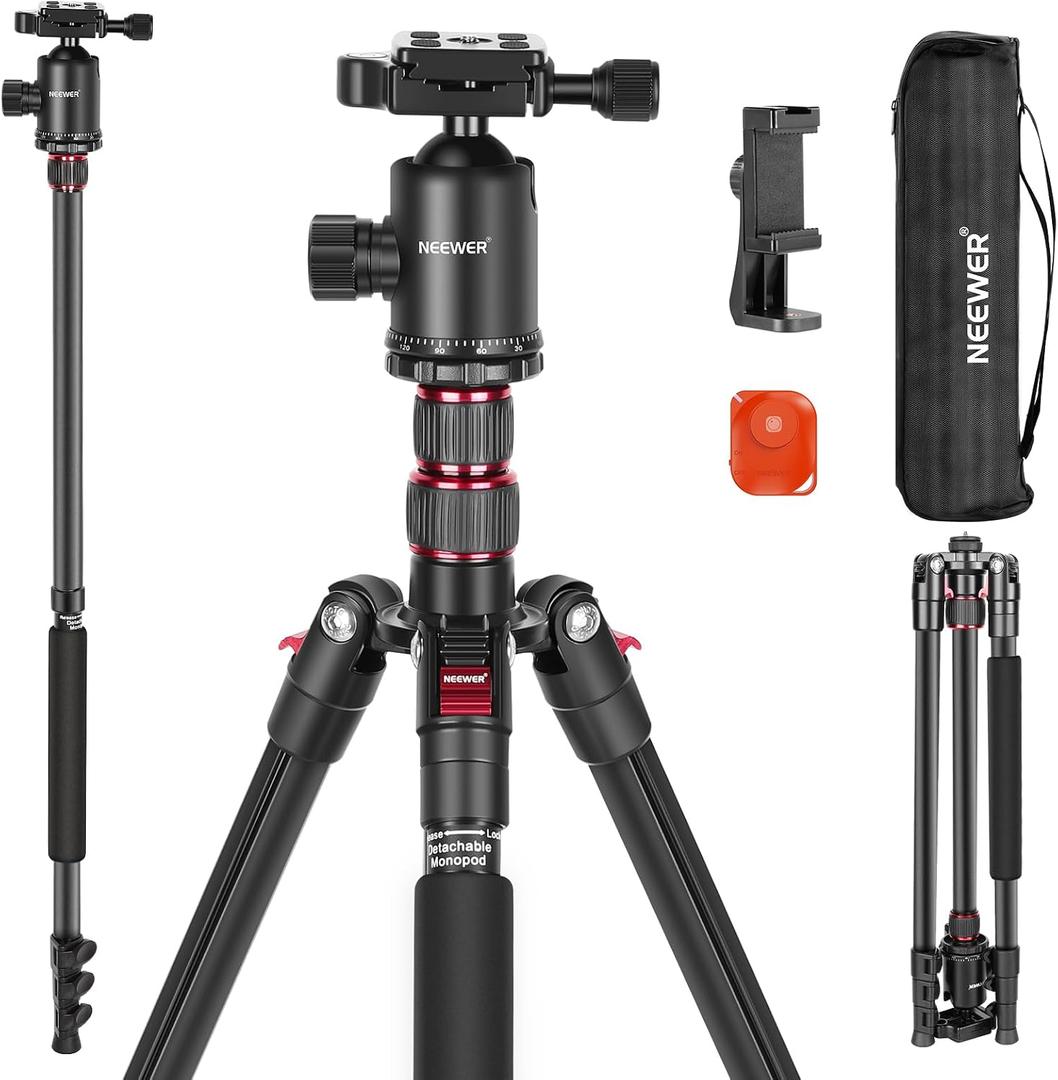 NEEWER 77” Camera Tripod Monopod with Phone Holder, Portable Travel Tripod with Remote, 360° Ball Head, 2 Axis Center Column, Arca QR Plate and Bag, Aluminum DSLR Tripod 34lb Max Load, TP77