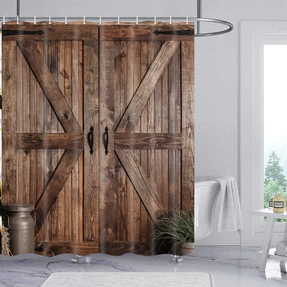 Rustic Barn Door Shower Curtain Set for Bathroom, Farmhouse Western Bathroom Decor Curtains, Vintage Countryside Brown Wood Board Waterproof Fabric Bath Curtains with Hooks 70 x72 inch (Pattern 1)