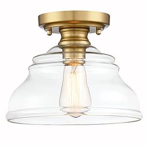 MEXO Industrial Semi Flush Mount Ceiling Light Modern Clear Glass Light Fixture Farmhouse 10" Close to Ceiling Lights in Brushed Gold for Hallway Bedroom, Kitchen Entryway Cafe Bar Porch Dinning Room
