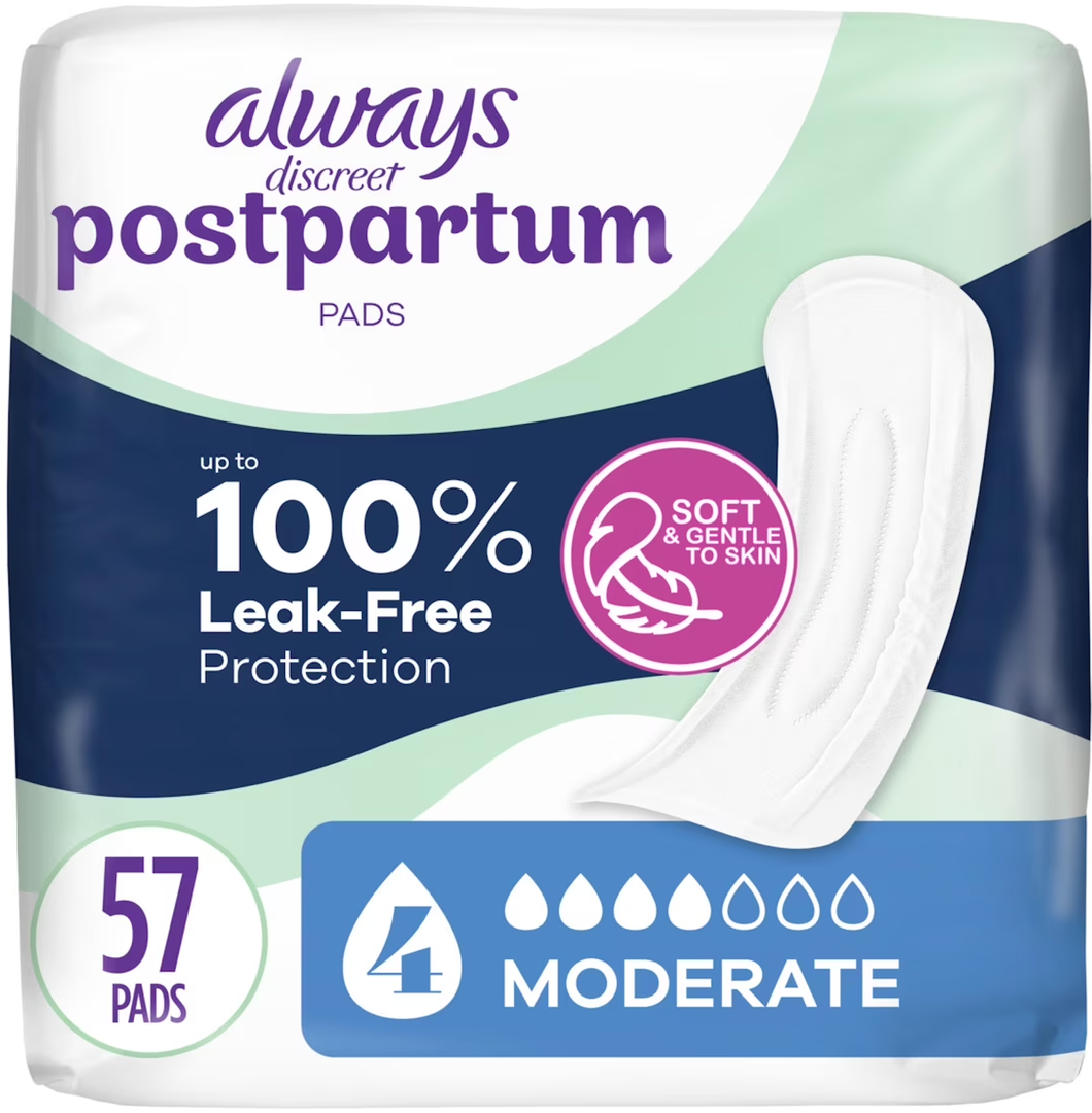 Always Discreet Postpartum Incontinence Pads, Moderate Absorbency, 57 Count