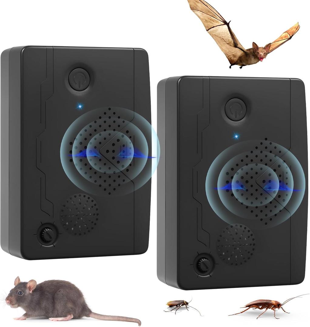2Pack Upgraded Ultrasonic Bat Repellent Devices for Attic Porch House, Adjustable Bat Exclusion Device for Outdoor&Indoor Use, Friendly to Human and Pet (Black)