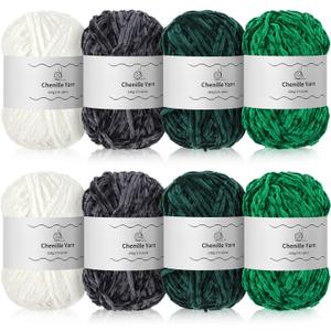 Timgle 8 Skein 1575yd Chunky Chenille Yarn for Crocheting, Fluffy Velvet Yarn Crochet, Soft Plush Chunky Stuff for Hand Knitting Blanket, 3.5oz(White, Gray, Dark Green, Green)