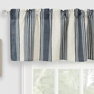 3 x Vertical Striped Pattern Dark Blue Linen Valance for Windows, Farmhouse Geo Rod Pocket Short Curtains Valance for Kitchen Cafe Living Room Bathroom 54" x 18" Navy