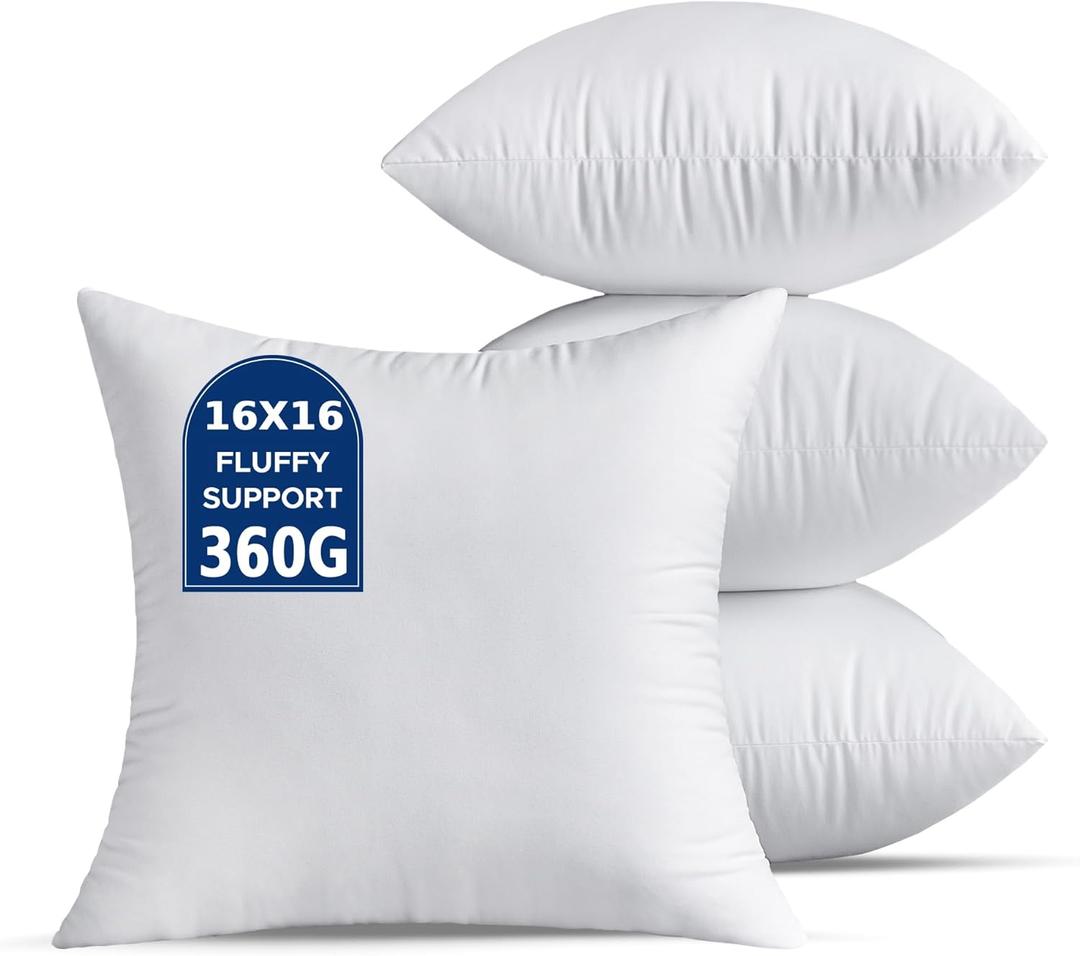 16 x 16 Throw Pillow Inserts Pack of 4 Small White Decorative Square Pillows for Living Room Couch Bed Sofa Cushion Sham Stuffer Indoor