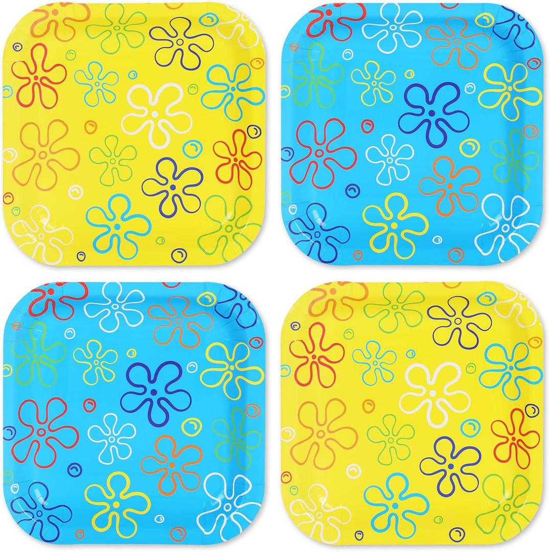 Whaline 40 Pcs Sponge Birthday Party Paper Plate Cartoon Themed Disposable Plate Yellow Blue Ocean Flower Tableware for Spring Summer Birthday Baby Shower Supplies Table Decor, 9 In