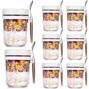 8 Pcs 10 oz Overnight Oats Containers with Lids and Spoons Large Capacity Airtight Oatmeal Overnight Oat Jars with Measurement Marks Oatmeal Container for Milk Cereal Fruit (White)