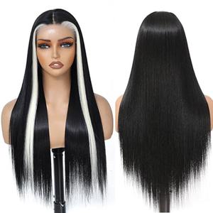 13x5x1 Synthetic Lace Front Wig Long Straight Wig For Black Women 30 inch Hd Lace Front Wigs Glueless Pre Plucked Synthetic Wig Synthetic Wig For Daily Use Ready To Wear(Black Blonde Skunk Stripe)