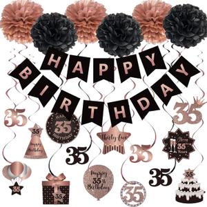 BRT Bearingshui Happy 35th Birthday Hanging Swirls Streamers Decoration, Happy Birthday Banner with Tissue Pompoms, Rose Gold and Black 35 Years Old Birthday Party Hanging Backdrop Decorations