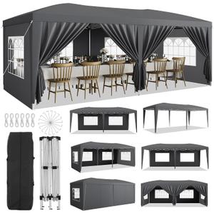 Garvee 10x20 Pop Up Canopy Tent with 6 Removable Sidewalls, Easy Up Commercial Canopy Tents for Parties, Large Heavy Duty Outdoor Canopies with 3 Adjustable Heights, Stakes X18, Grey