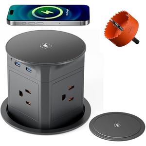Pop Up Countertop Outlet with 15W Wireless Charger,Pop up Outlet,Max 20W USB Power Delivery,3.94" Space Saver Recessed Outlet,Pop Up Electrical Outlet with 4 Outlets 2 USB Ports for Home Office（Grey）