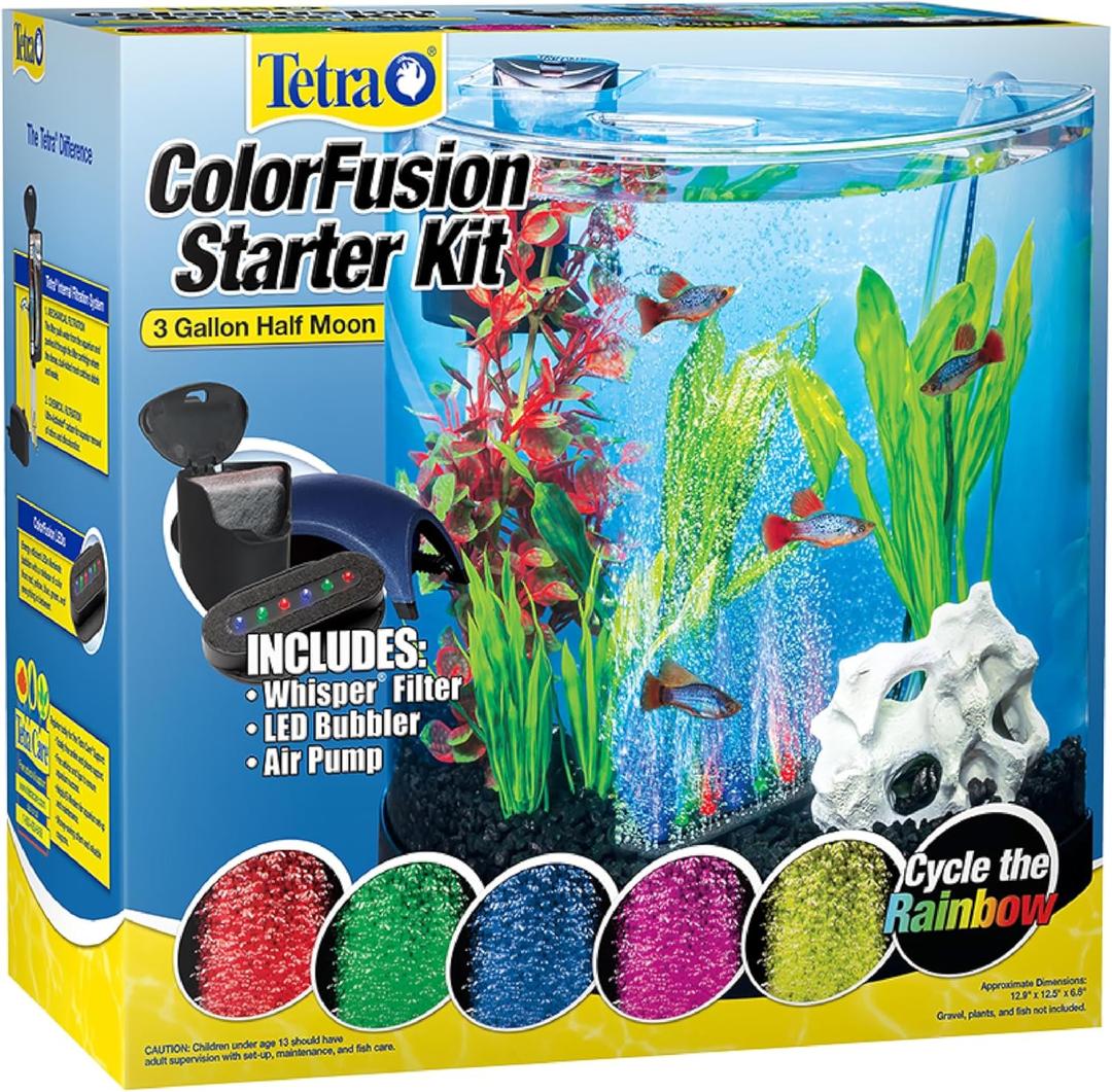 Tetra 3 Gallon Small Fish Tank, Aquarium Starter Kit, with Filter, Air pump, & Color Changing Light, Half Moon shape, for Gold Fish & Betta (3 Gallon (12.9 x 6.8 x 12.5 inches))