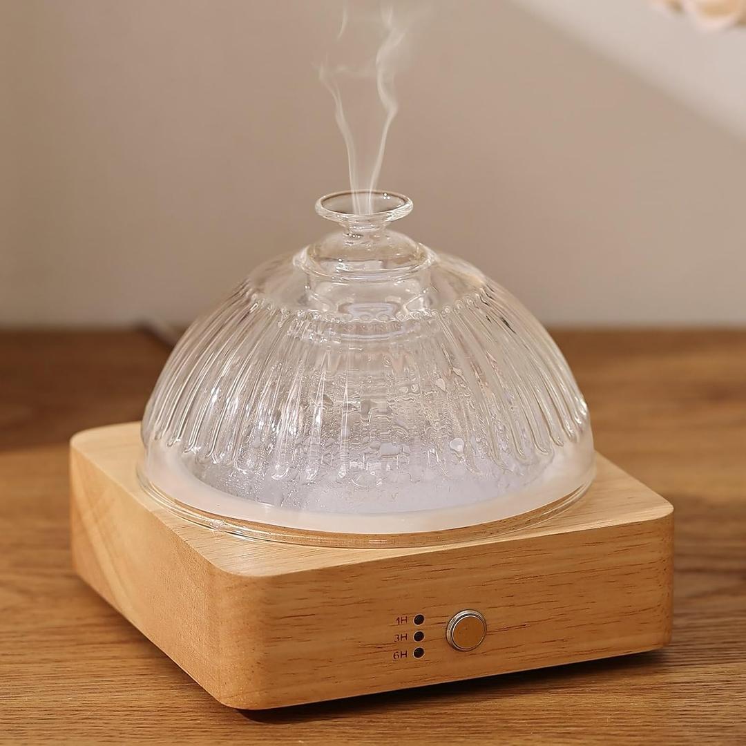 Glass Essential Oil Diffuser with Glass Reservoir & WoodBase, 200ml Ultrasonic Lock Color Timer Auto-Off 7 Color Light Aroma Glass Dome Diffuser for Home Office Bedroom Yoga (Yellow)