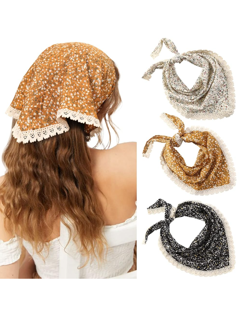 Molans 3Pcs Floral Head Scarf, Chiffon Hair Bandanas Kerchief, Vintage Boho Hair Scarf for Women Girls