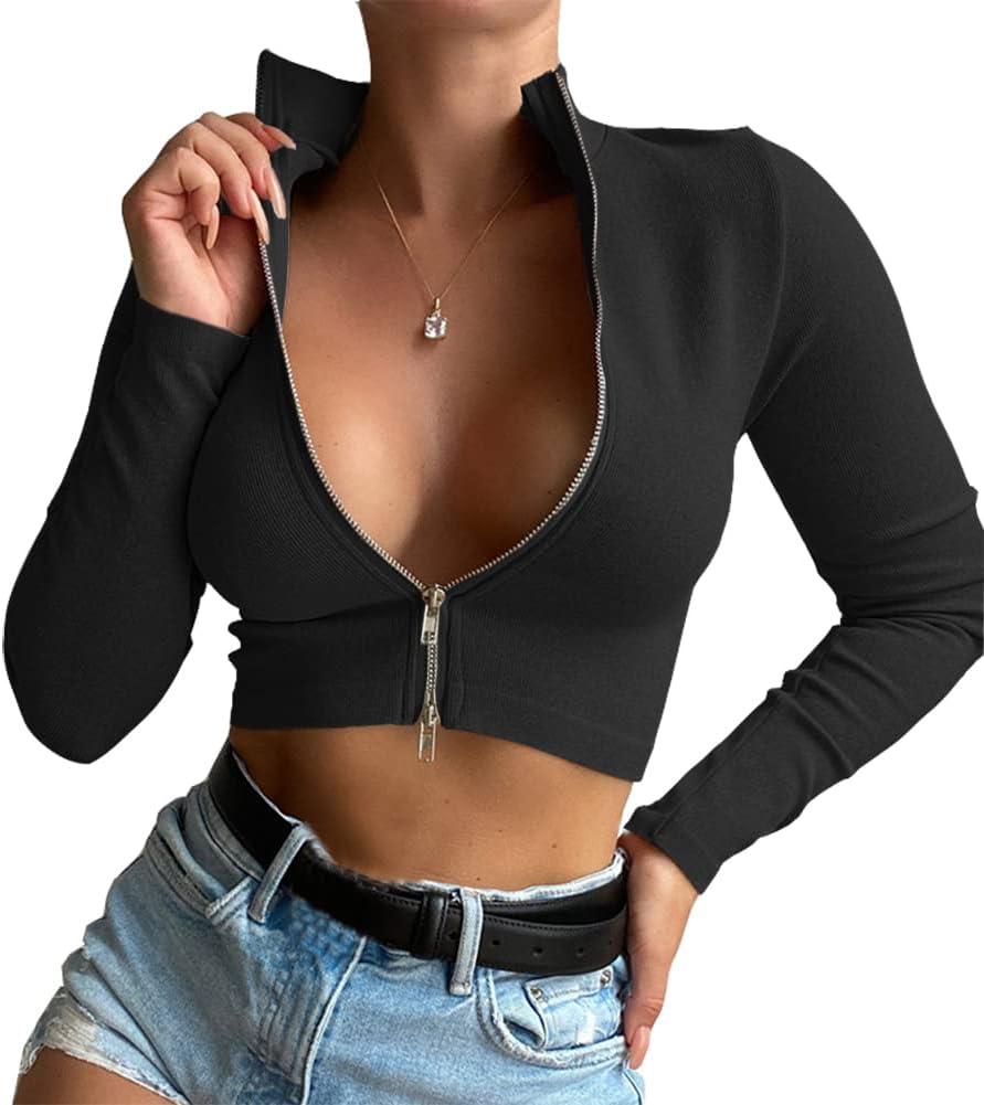 Artfish Women Long Sleeve Turtleneck Ribbed Crop Top Zipper Sexy Cropped Fitted Shirts (Large, 03# Black)