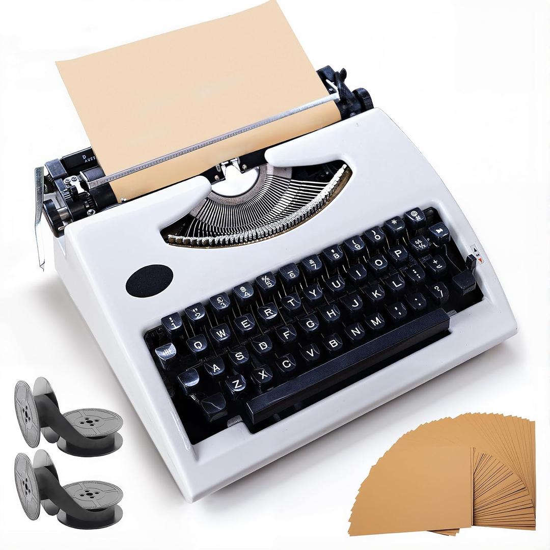 Vintage Typewriter Manual Writing Machine, Restored Classic Typing Tool with 2 Ink Ribbons + 100 Kraft Sheets, Antique Decor for Home Office Desk, Study Room Display
