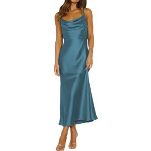 Summer Satin Spaghetti Strap Cowl Neck Backless Midi Dresses for Women Elegant Tie Low Back Ruched Cocktail Dress (Blue, M)