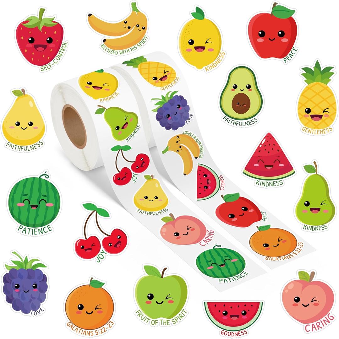 1000Pcs Fruit Religious Stickers Rolls Color Apple Watermelon Strawberry Back to School Motivational Training Stickers Bible Christian Decor for Kids Teacher Reward Classroom,16 Styles 2 Rolls