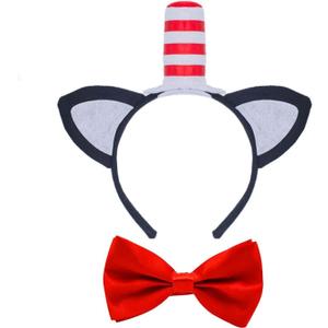 NUMJAW Cat Headband With Stovepipe Hat,Book Character Costumes Accessories,Cat Costume - Red and White Headbands Hat with Bow Tie Cosplay Party Halloween